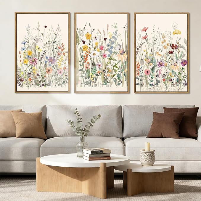 BINCUE Floral Wall Art Colorful Wildflower Wall Decor Boho Flowers Wall Paintings Flower Artwork Framed Floral Artprints for Living Room Bedroom Farmhouse Home Decor 16x24 Inches Set of 3