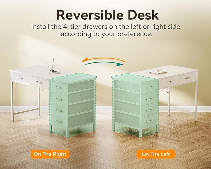 ODK Computer Desk with 6 Drawers, 40 Inch Small Desk with Storage, Reversible Desk with Headphone Hook for Home Office, Work Study Table for Bedroom, White