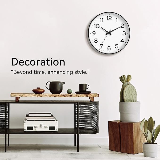 Wall Clock 12 Inch Silent Wall Clocks Battery Operated-Modern Non Ticking Analog Clock Decorative for Kitchen Bedroom Office (Black)