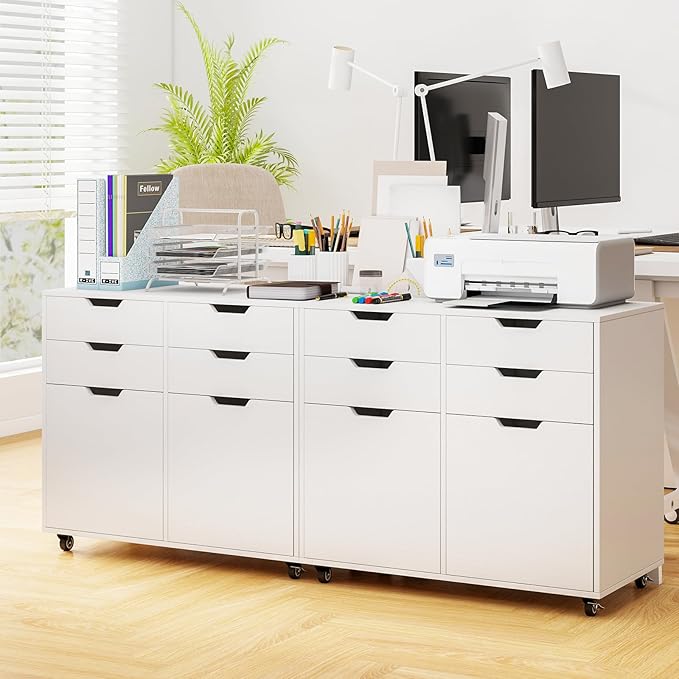 White File Cabinet with 4 Drawers and 2 Doors, Under Desk Mobile Storage Organizer, Wooden Printer Stand on Wheels, 29" Lateral Filing Cabinet for Home Office Living Room