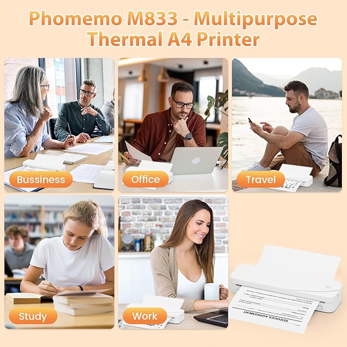 Phomemo Portable Printers Wireless for Travel, M833 Bluetooth Thermal Printer Compatible with Phone & Laptop,Support 8.5'' x 11'' US Letter & A4, 300Dpi Inkless Mobile Printer for Office, Home, School