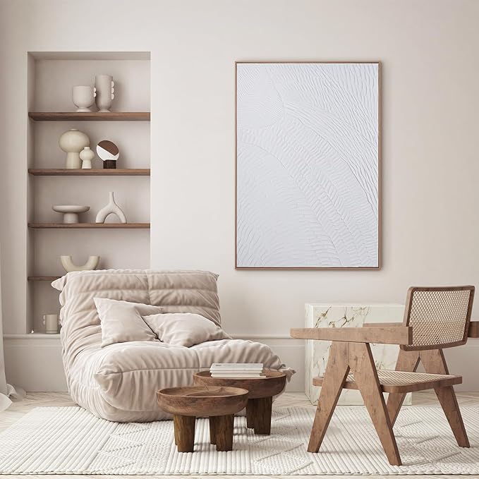 White Abstract Wall Art for Living-room - Framed Geometry 3D Abstract Hand-painting Artwork Minimalism Contemporary Boho Decorative for Living Room, Bedroom - 28"x40"