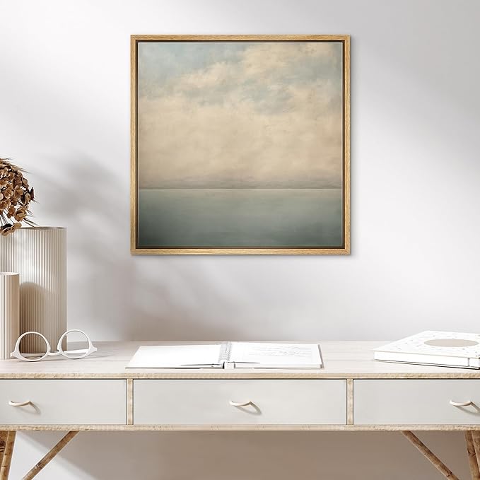 SIGNWIN Framed Canvas Print Wall Art Serene Ocean Horizon Soft Blue and Beige Coastal Landscape with Clouds Illustrations Decorative Boho Relax/Zen for Living Room, Bedroom, Office - 16"x16" Natural