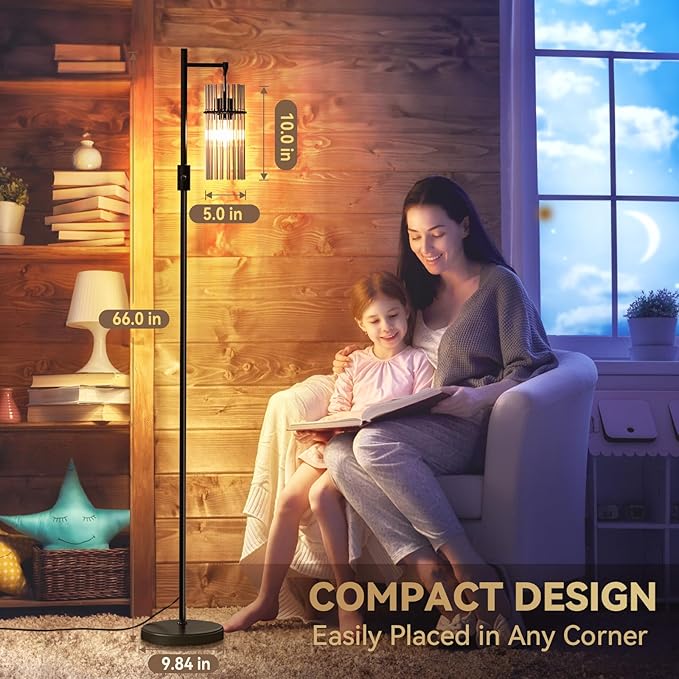 Industrial Modern Floor Lamps for Living Room, Dimmable Glass Tree Standing Tall Lamps with 3 Elegant Teardrop Cage Head & 800 Lumens LED Bulbs for Bedroom Office (66inches Black)