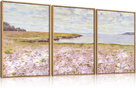 HOURIA Spring Watercolor Pink Floral Coastal Landscape Framed Canvas Wall Art Set,Nature Inspired Wildflower & Meadow Cottage Field Wall Decor,Modern Seaside Beach Artwork for Living Room,Farmhouse-24"x36"x3