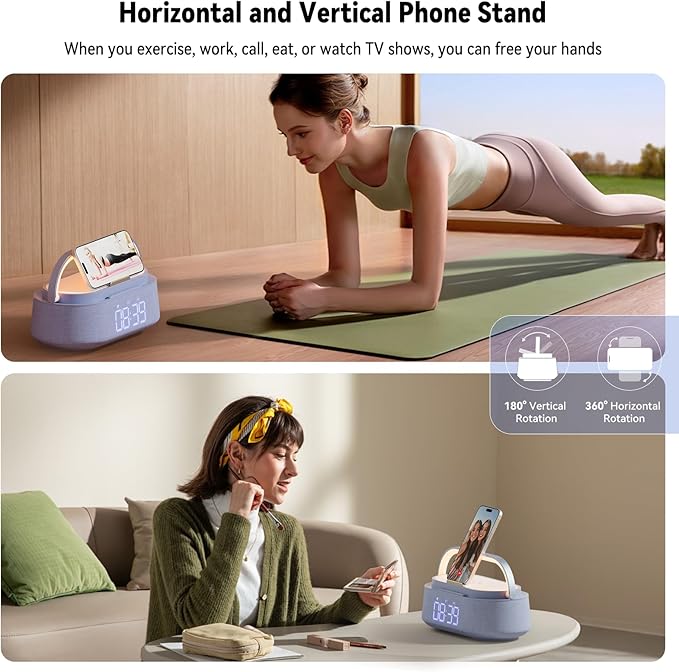 FREEFISH 6-in-1 Bluetooth Speaker with Wireless Charging, FM Radio,Bedrooms Dimmable Nights Light, Snooze Function for Home, Office, Wireless Charger Compatible iPhones 16/15/14/13/12