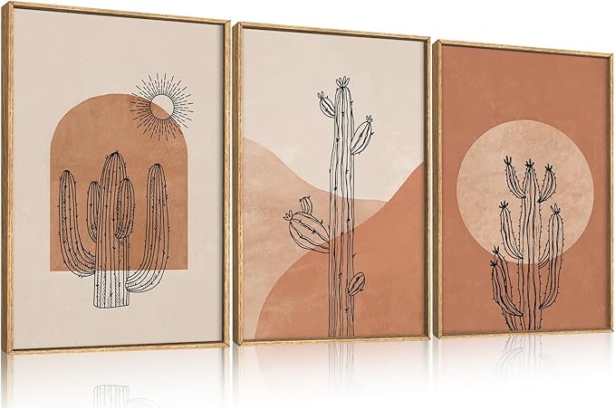Ausril Boho Minimalist Cactus Framed Canvas Wall Art Set, Mid Century Saguaro Wall Decor, Abstract Geometric Desert Wall Painting, Beige Brown Plant Art Prints for Living Room, Bedroom, Office - 24"X36"X3