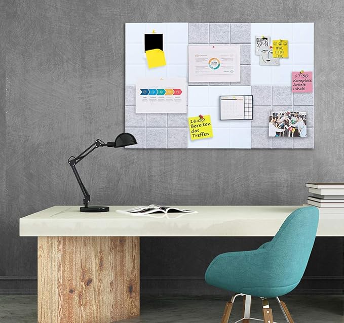 Large Felt Board Tiles for Wall with 30 Push Pins, 11.8"x11.8" Pack of 6 Pin Board Notice Boards for Home Office Kitchen, Bulletin Board Wall Tiles for Photos Memos (Grey+White, 6 Pack)