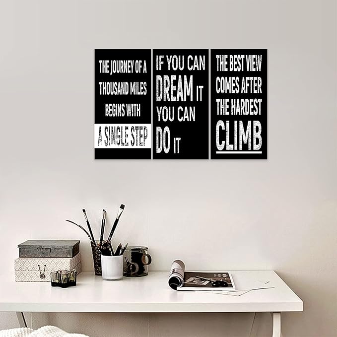 3 Piece Inspirational Wall Art, Black Background Sayings Picture, Quotes Motivational Canvas Prints for Gym Wall Decor, Triptych Entrepreneur Painting Framed Artwork for School Decor (36"Wx18" H)