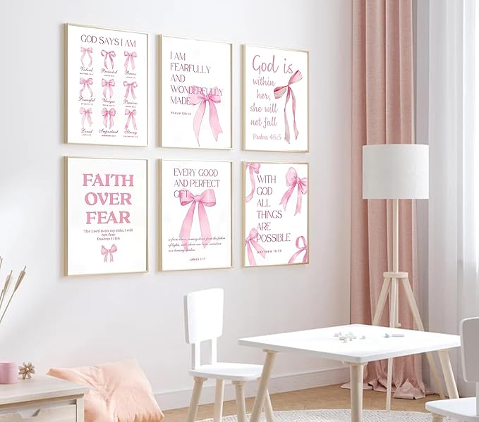 6Pcs Pink Christian Wall Art Inspirational Verse Posters Print Cute Coquette Bow Canvas Pictures for Girls Room Dorm Bathroom Bedroom Wall Decor 8x10In Unframed