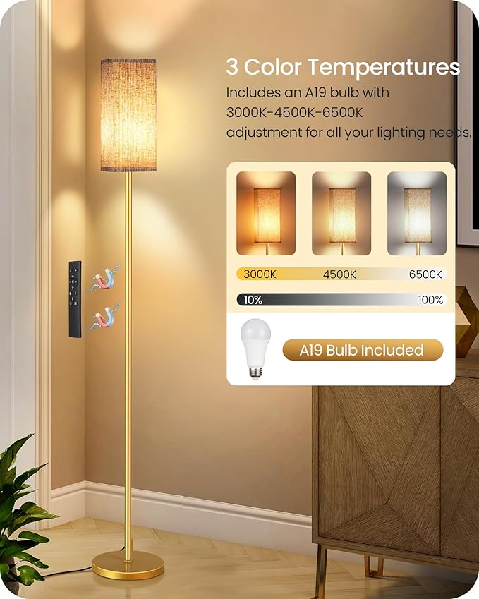 2Pack 64.2” Dimmable Floor Lamp for Living Room with Remote & Foot Switch, Corner Floor Lamp for Bedroom, Includes A19 Bulb, Modern Standing Tall Lamp, ETL Listed Beige and Gold DE17LDP205