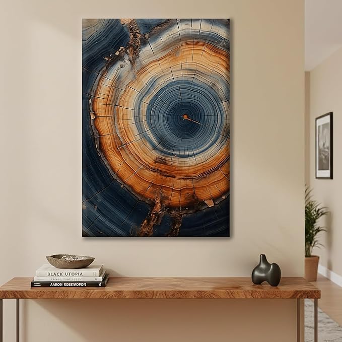 IBHJSART Framed Tree Ring Canvas Wall Art Vintage Colorful Wood Stump Painting Prints Modern Minimalist Pictures Neutral Nature Rustic Farmhouse Decor Living Room Bedroom Bathroom Office