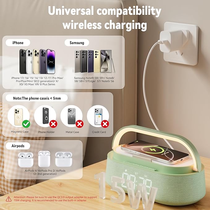 FREEFISH Bluetooth Speaker with Fast Wireless Charger,FM Radio,Touch LED Night Light,Phone Holder,Snooze, Portable Wireless Speaker for Bedrooms Office Home, Gifts