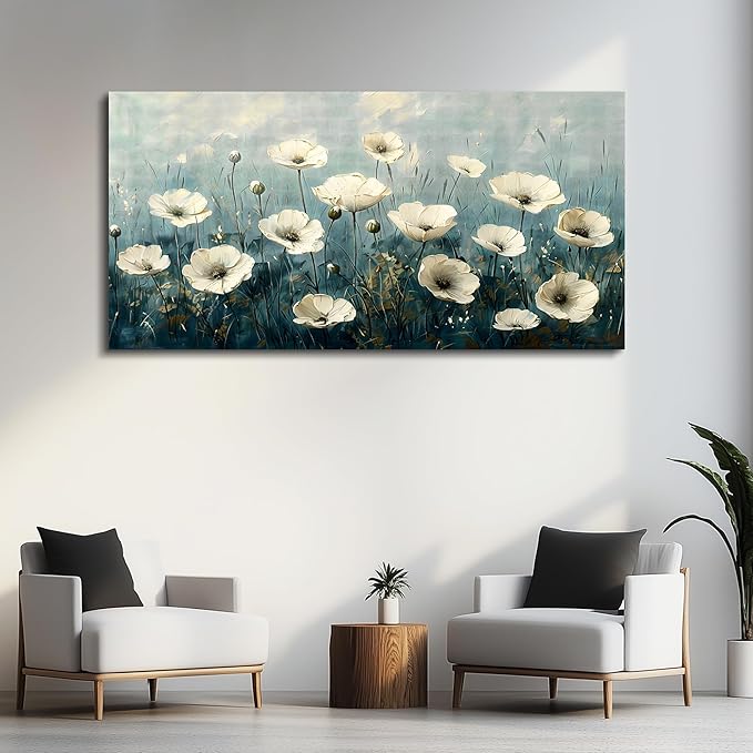 FUHAIHUA Canvas Wall Art For Living Room Large Wall Decor For Office Bedroom Decorations White Flowers Landscape Pictures Modern Wall Paintings Aesthetics Posters Home Decor Ready To Hang 30x60 In