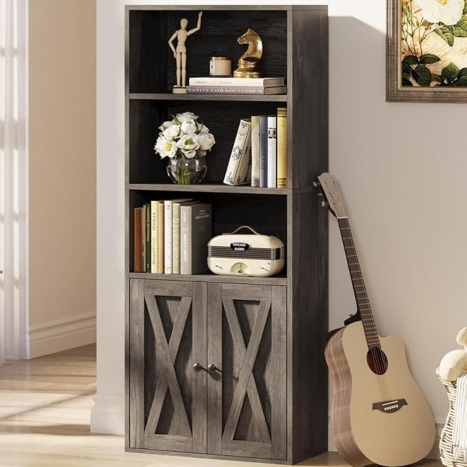 IRONCK Industrial Bookshelves and Bookcases with Doors 11.8 in Depth Floor Standing 5 Shelf Display Storage Shelves Tall Bookcase for Home, Office, Living Room