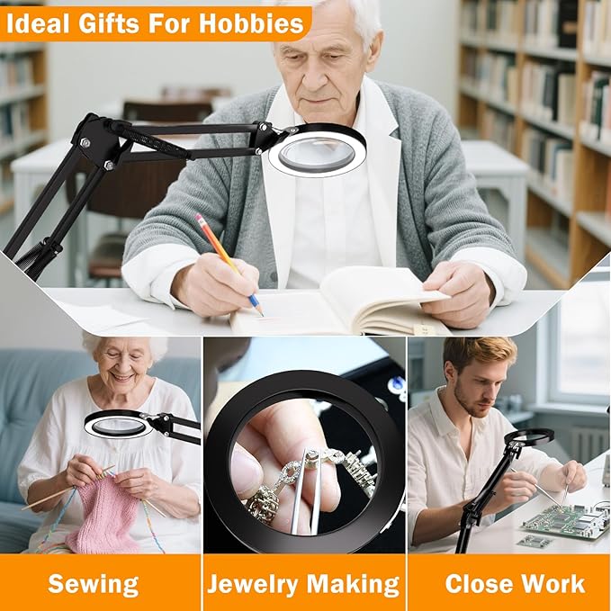 10X Magnifying Glass with Light and Clamp, Hands Free Magnifier with Lights, 3 Color Modes LED Dimmable Magnifiers Desk Lamp for Close Work Crafts Hobby Reading Painting Repair