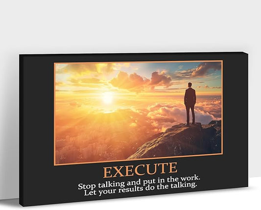 UZMKM - Inspirational Canvas Wall Art, EXECUTE Mindset Quotes Picture Prints, Success Framed Company Watching Sunrise Poster, Positive Quotes Wall Painting for Home Office Workplace 12x18 Inch