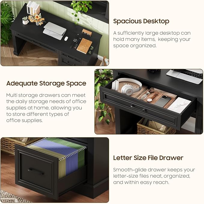 Vabches Farmhouse 47" Executive Desk with File Drawer, Computer Desk with 4 Drawers, Workstation for Study, Home Office, Writing, (Pure Black).