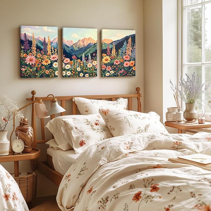 Hianan Mount Daisy Wildflower Landscape Wall Art, Colorful Floral Wall Decor, Boho Sunset Landscape Canvas Painting, Bright Botanical Poster Prints for Living Room Bedroom Framed 16"x24"x3