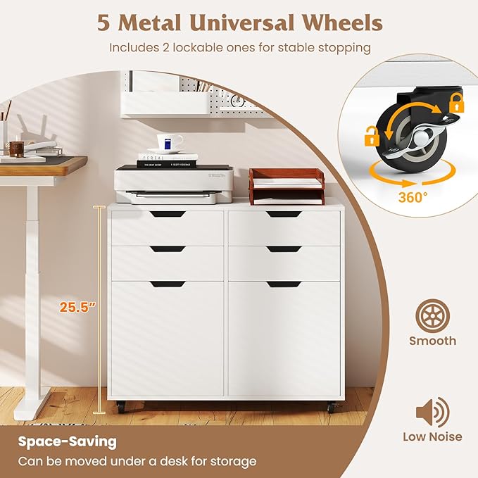 White File Cabinet with 4 Drawers and 2 Doors, Under Desk Mobile Storage Organizer, Wooden Printer Stand on Wheels, 29" Lateral Filing Cabinet for Home Office Living Room