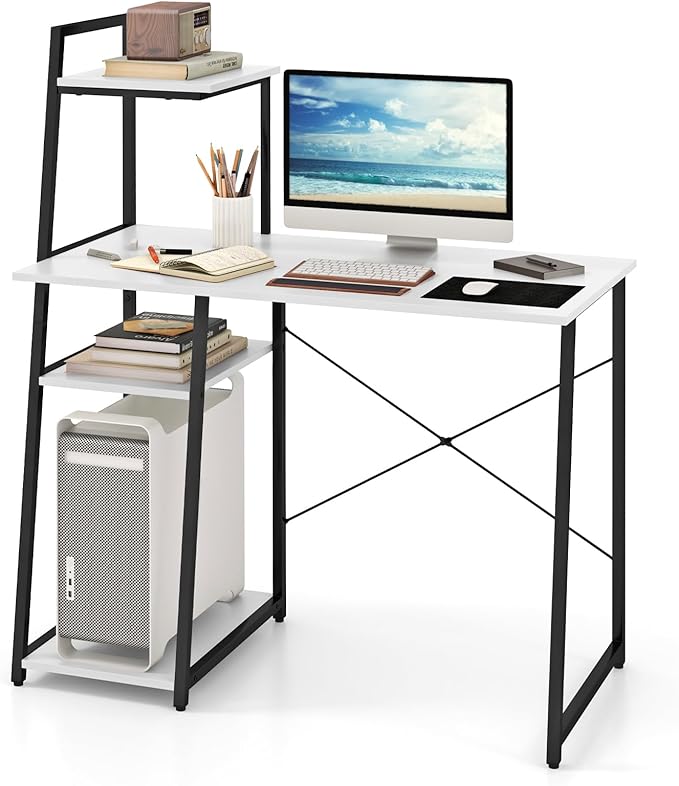 Giantex Computer Desk with Shelves, 47.5” Home Office Desk with Bookshelf, Host Stand, Metal Frame, PC Laptop Workstation, Modern Study Writing Desk for Bedroom, Small Space (White & Black)