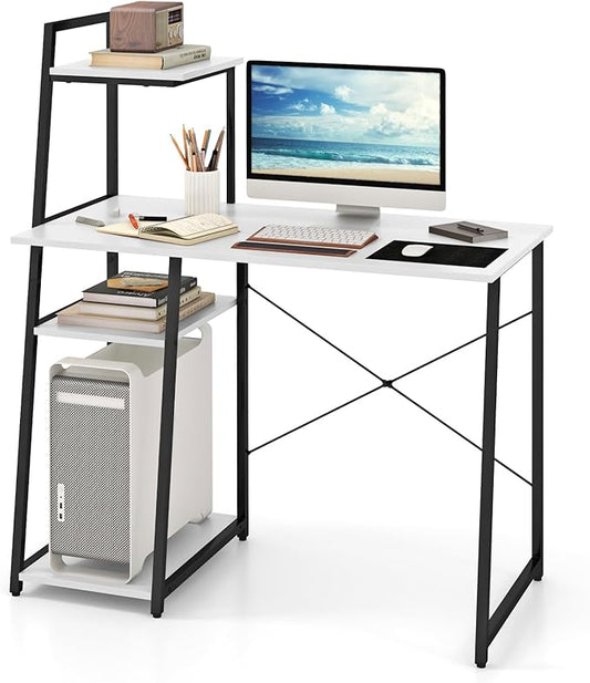 Giantex Computer Desk with Shelves, 47.5” Home Office Desk with Bookshelf, Host Stand, Metal Frame, PC Laptop Workstation, Modern Study Writing Desk for Bedroom, Small Space (White & Black)