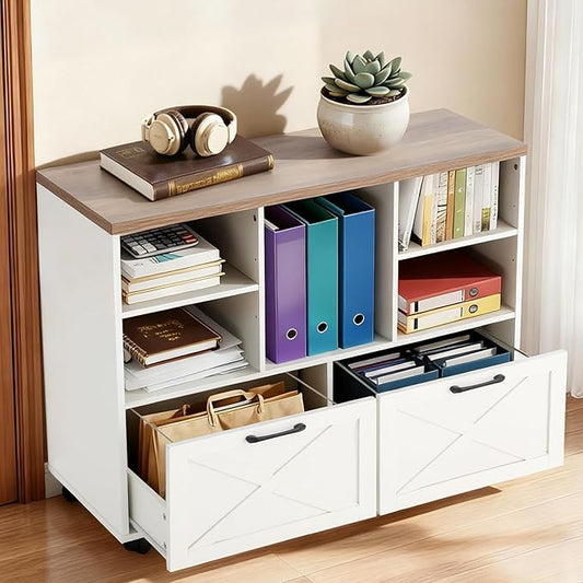 HOMREST 39.3" Lateral File Cabinet with Wheels, Farmhouse Wood File Cabinet with Drawers, Small Home Office File Cabinet with Thick Countertop, Rolling File Cabinet for Legal/Letter/ A4 Size, White