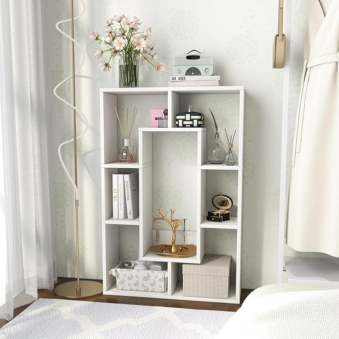 Tangkula 35.5” Geometric Bookshelf, Freestanding Wood Open Bookcase with 7 Cubes, Anti-Toppling Devices, Home Office Décor Rectangular Storage Shelf Display Rack for Study Living Room (1, White)
