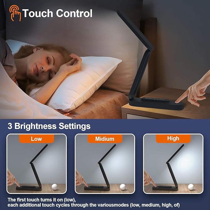 LED Desk Lamp for Office Home & Battery Operated Lamp Rechargeable Lamp Foldable & Portable Light, LED Desk Light Strip, 3 Brightness Dimmable Small Desk Lamp Wireless Reading Lamp(2-Black)
