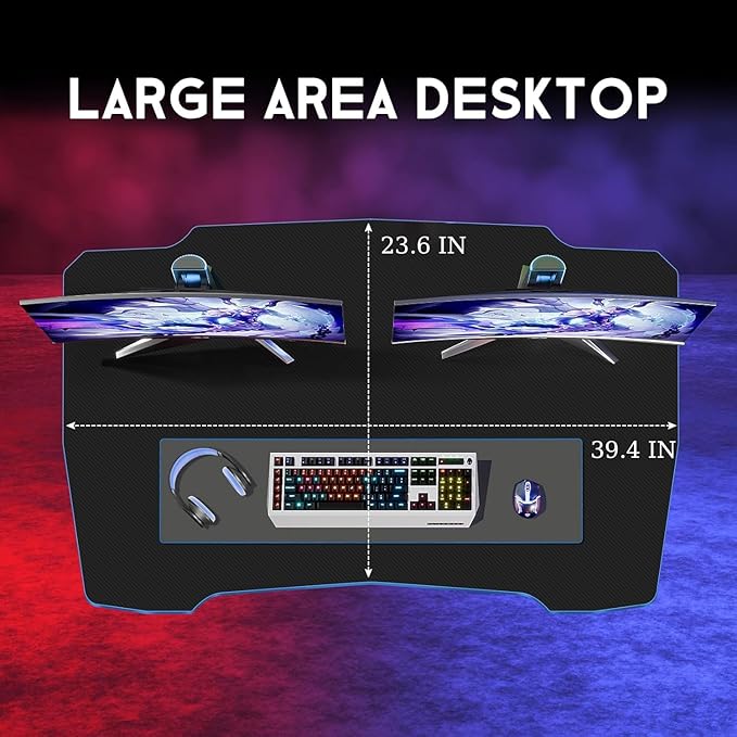 39 in Gaming Desk With Hook - Z-Shaped Computer Table for Home Office, Small Places - Carbon Fiber Surface, Simple Installation, Blue