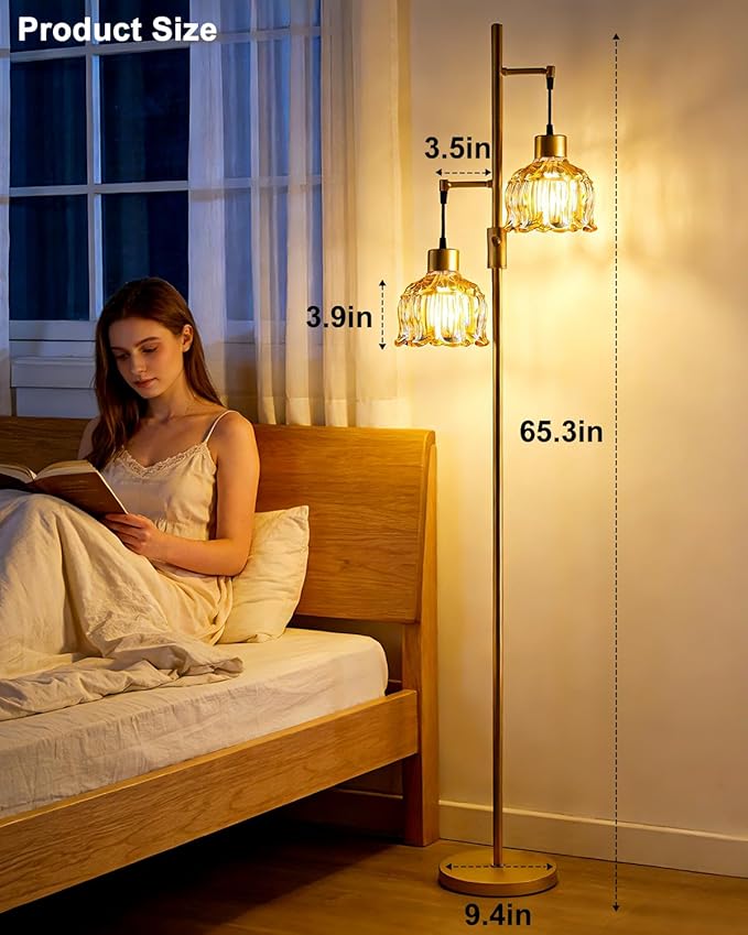 Lightdot 2- Light Gold Flower Floor Lamp, 65IN Brown Glass Floor Lamps with 3000K Warm White Bulbs, Modern Standing Tall Lamp for Living Room Bedroom Home Office Corner Sofa Beside