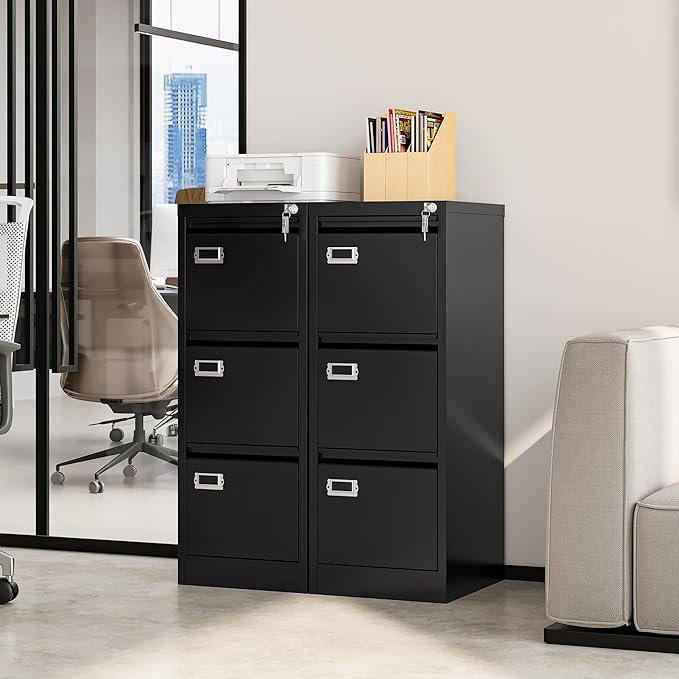 STANI Metal Vertical File Cabinet with Lock，Narrow Filing Cabinets Hanging Files Letter/Legal/A4 Size, Metal Storage Cabinet for Home Office, Assembly Required (Black, 3-Drawer)