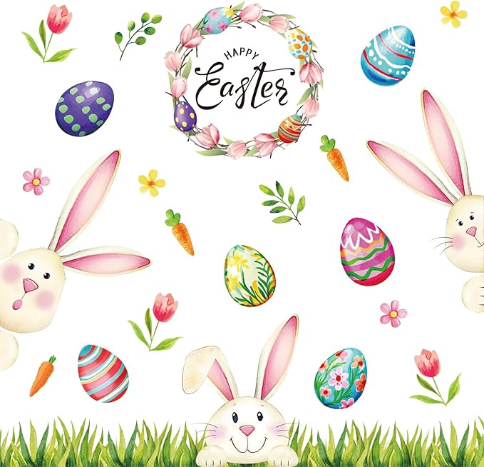 Vintage Easter Bulletin Board Set Happy Easter Classroom Decorations with Grass Border Trim Colorful Bunny Egg Cutouts for Spring Classroom Home Party Wall Decor