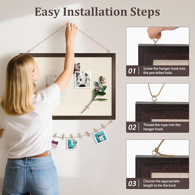 DOLLAR BOSS Bulletin Board with Linen 24'' x 18'' Wood Framed Cork Boards for Walls, Photo Display Pin Board, Decorative Corkboard for Office Home School Dorm Decor with 10 Pushpins, Dark Walnut