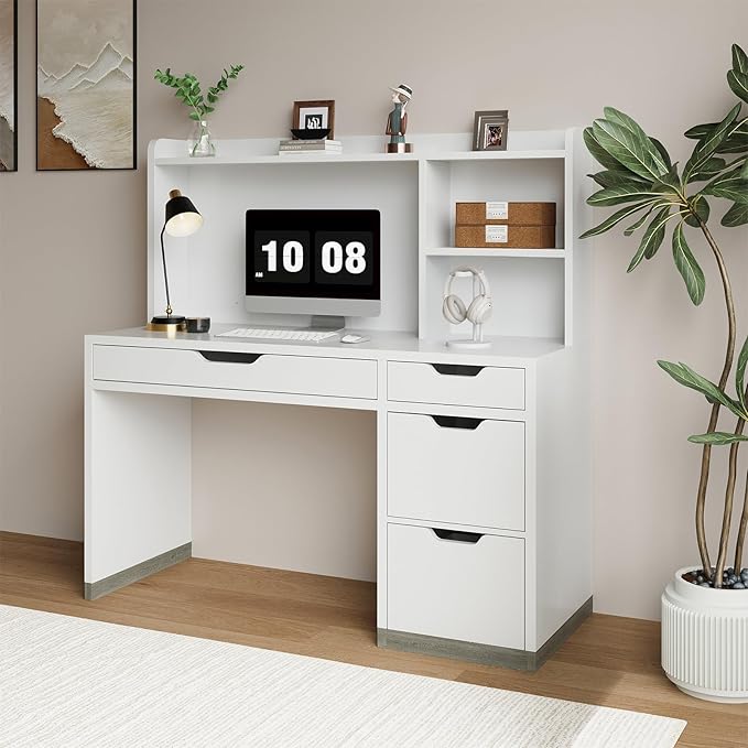 White Desk with Hutch, 53 Inch Computer Desk with Storage File Drawer, White Study Desk with 4 Drawers for Bedroom, Small Space