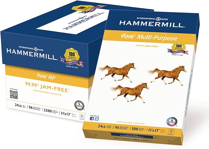 Hammermill Printer Paper, Fore Multipurpose 24 lb Copy Paper, 11 x 17-96 Bright, Made in the USA, 102848R - 1 Ream (500 Sheets)