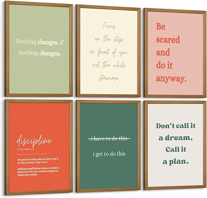 Office Wall Art Motivational Posters Inspirational Quote Canvas Wall Decor Office Positive Pictures Inspirational Classroom Art Motivational Work Prints for Gym Home 8x10 Inch Framed Set of 6