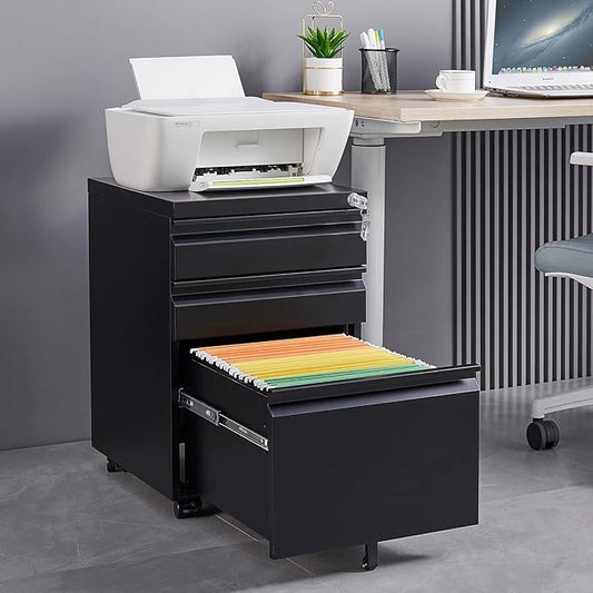 [Fully Assembled] 3-Drawer Lockable Mobile File Cabinet – Metal A4/Letter/Legal Size Storage for Home/Office, Pre-Assembled, Space-Saving Under-Desk Cabinet with Wheels (Black)