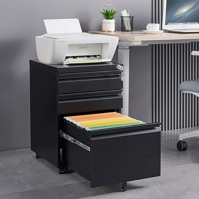 3-Drawer Mobile File Cabinets Rolling Metal Filing Cabinet for Legal & Letter File Anti-tilt Design with Lock Under Desk Office Drawers Fully Assembled Except Casters (Black)