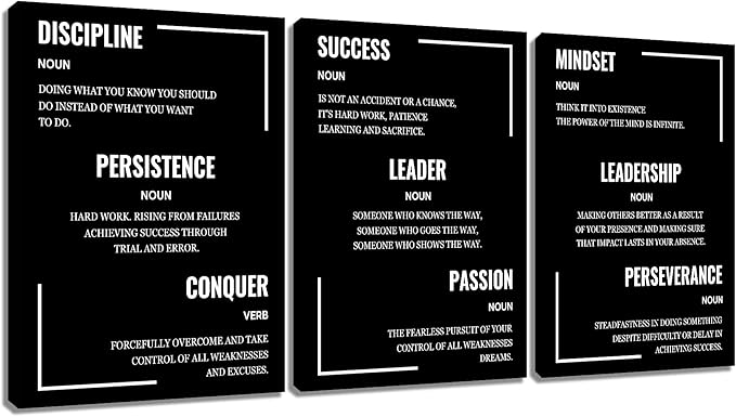 3 Panel Inspirational Canvas Perseverance Discipline Wall Art Motivational Poster Painting Quote Modern Inspiring Office Decor Artwork for Home Living Room Gym School Ready to Hang [60''Wx 28''H]
