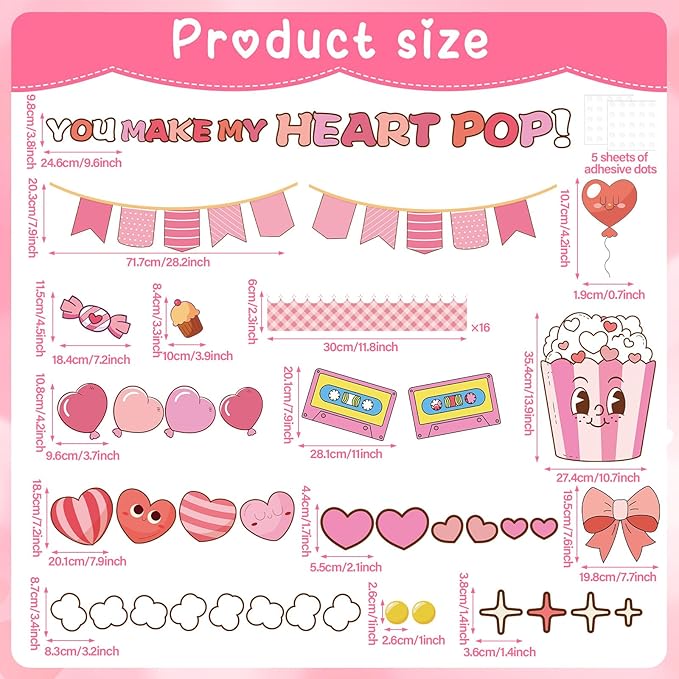Valentine's Day Bulletin Board Set You Make My Heart Pop Happy Valentine’s Day Classroom Decoration Candy Heart Bow Popcorn Poster Cutouts for Class School Home Office Chalkboard Wall Door Decor