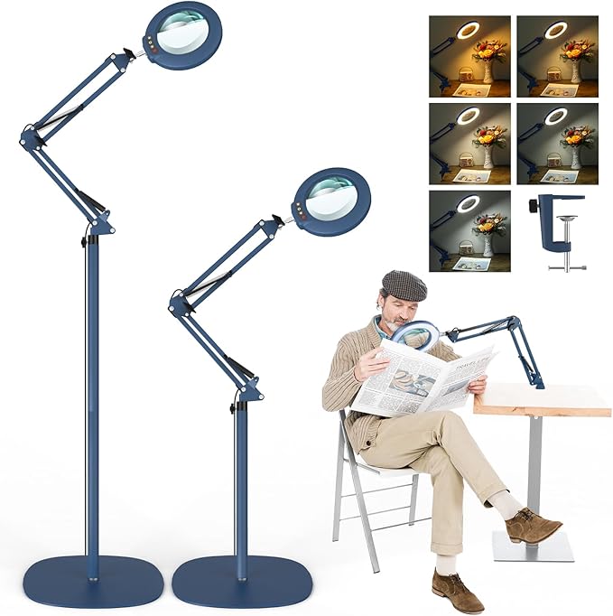 10X Magnifying Glass with Light and Stand, Real Glass Lens (Not Acrylic), 5 Color Modes, Stepless Dimmable, LED 3-in-1 Floor Lamp, Swing Arm with Clamp, Lighted Magnifier Hands Free for Crafts - Blue