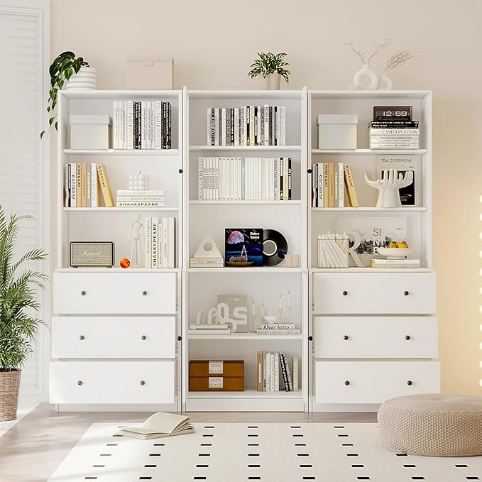 TUSY 71" H Bookshelf with Storage, 6-Tier Modern Bookshelves with 3 Large Drawer, Display Bookcase with Glass Doors, Modern 5-Tier Curio Cabinet for Home Office, Dining Room (White, BAB)