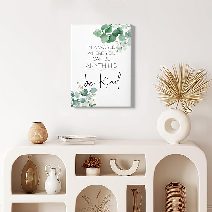 HIWX Be Kind Inspirational Wall Art Decor: Framed Canvas Wall Art, Motivational Eucalyptus Positive Decoration for Bathroom, Bedroom 11x14