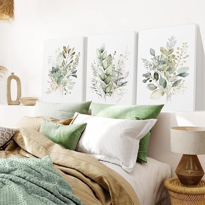 Framed Bathroom Wall Art Set of 3 for Rustic Botanical Prints,Watercolor Botanical Wall Art,Sage Green Painting Eucalyptus Leaf Art Pictures,Modern Boho Floral Wall Decor for Room Living Room Bedroom Decorations,12x16inch