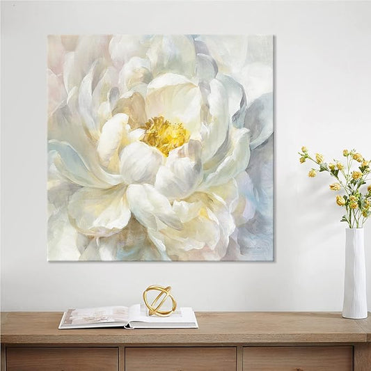 SEVEN WALL ARTS Peony Flower Canvas Wall Art Modern Yellowish Floral Picture Poster Print Abstract White Blossom Artwork for Bedroom Bathroom Kitchen Dining Room Home Decor 24"x24"