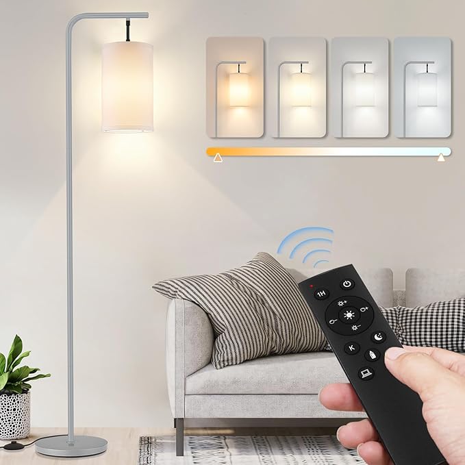 Floor Lamp for Living Room, 9W LED Bulb, Remote Custom Color Temperature & Brightness, Tall Standing Lamps for Bedroom Office, Grey