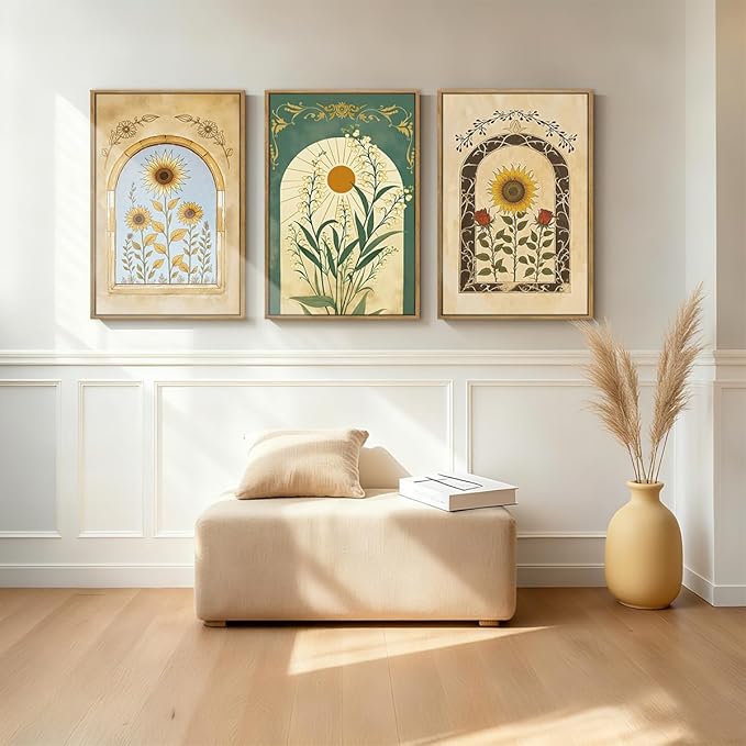 ANHUIB Vintage Boho Floral Wall Decor 16x24 Inch Bohemian wall art Botanical Wall Art Earthy Sunflower Illustration Set of 3 for Living Room Bedroom Office