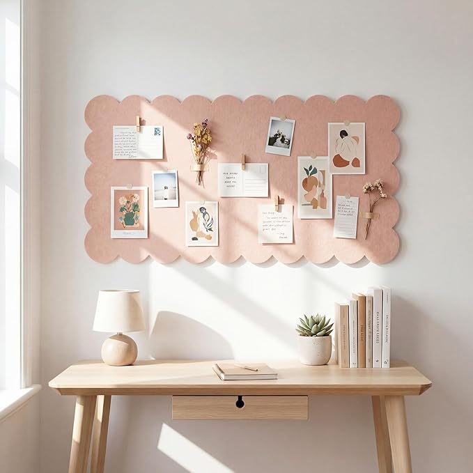 Scalloped Felt Bulletin Board 36 x 18 Inches Foldable Flesh Pink Pin Cork Board Alternative for Wall, 3' x 1.5' Trifold Picture Vision Self Adhesive Bulletin Decorative
