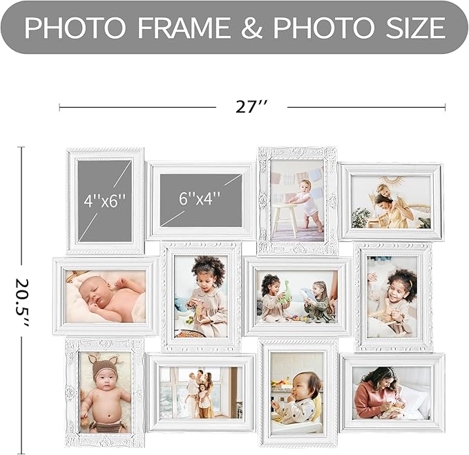 HELLO LAURA - Photo Collage Frames for Wall White Curved Classic European Style 12 Opening 27" x 20.5" Wall Hanging Picture Frame Collage 4" x 6" Photo Sockets x 12 | Gallery Style